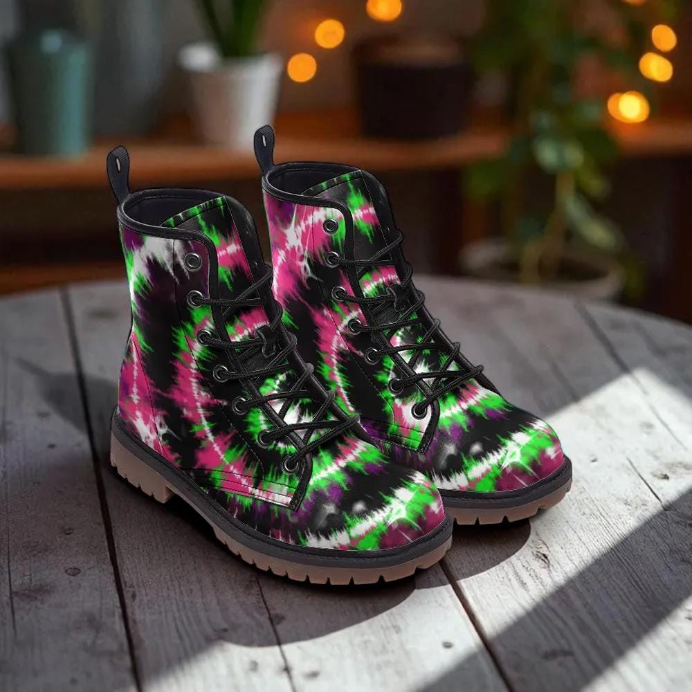 Neon Tie Dye Combat Boots with Grunge Psychedelic Style