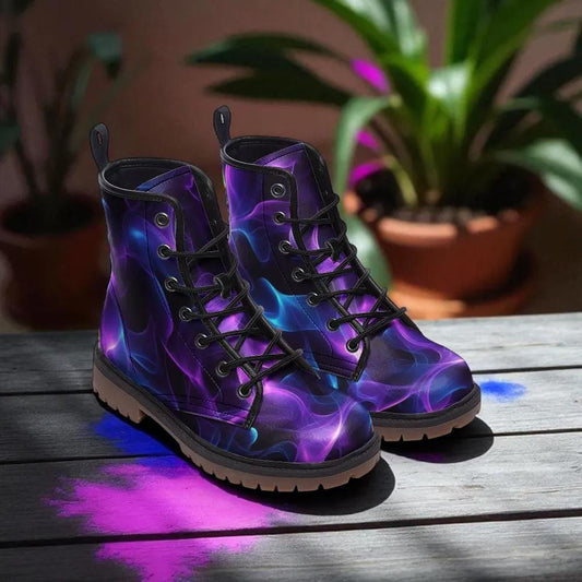 Purple Smoke Combat Boots with Cosmic Abstract Vapor Print