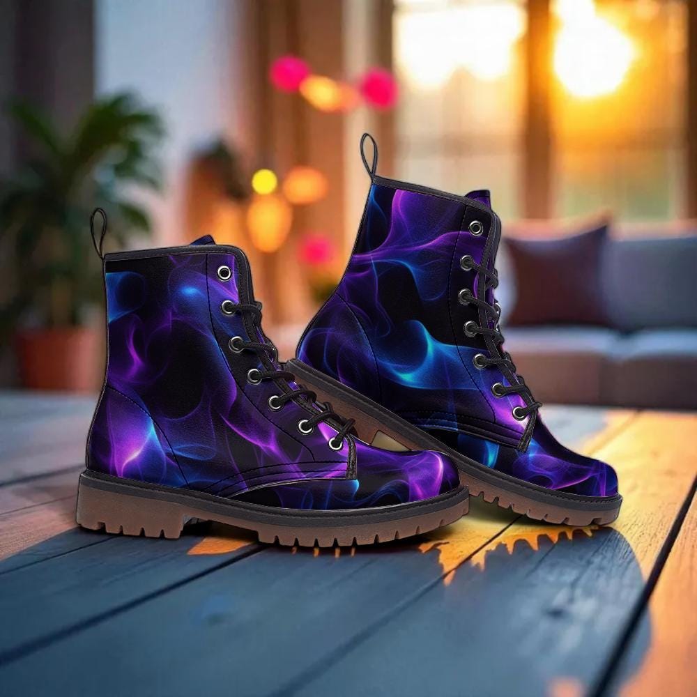 Purple Smoke Combat Boots with Cosmic Abstract Vapor Print