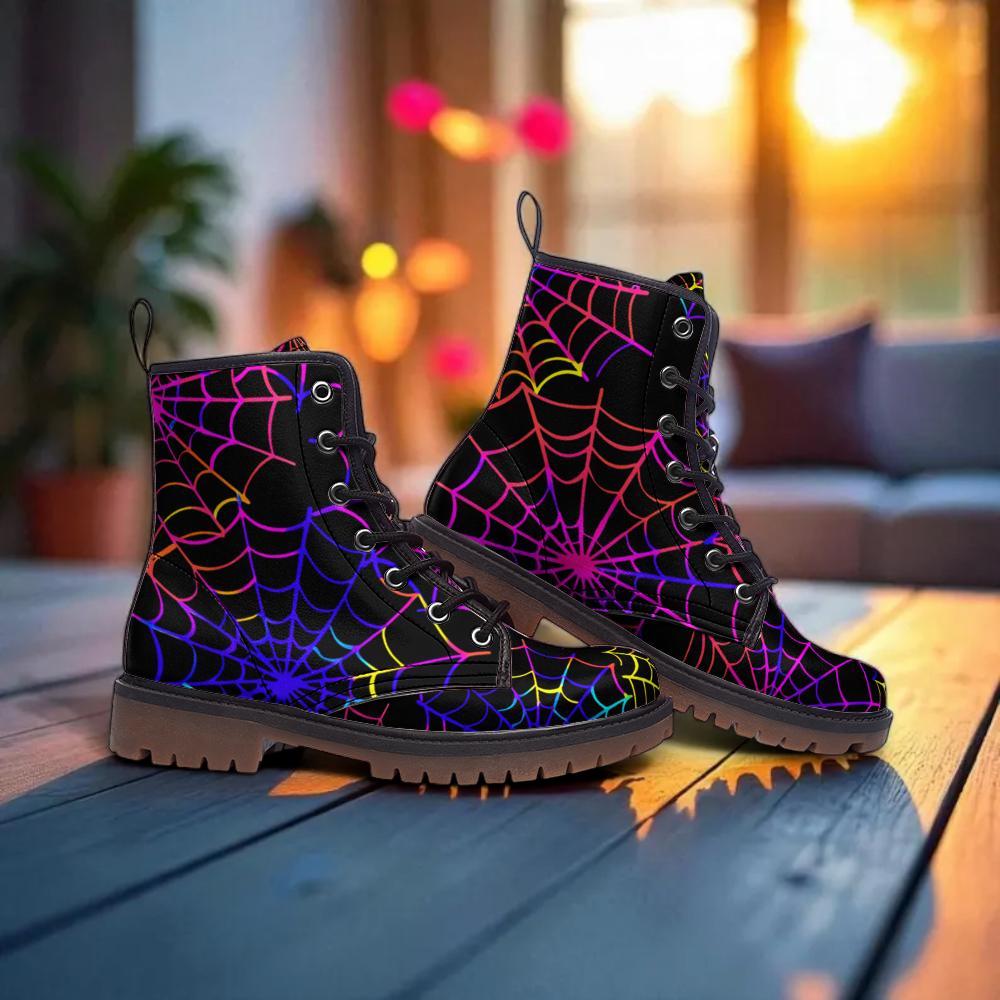 Rainbow Spiderweb Combat Boots with Dark Fantasy Halloween Vibe