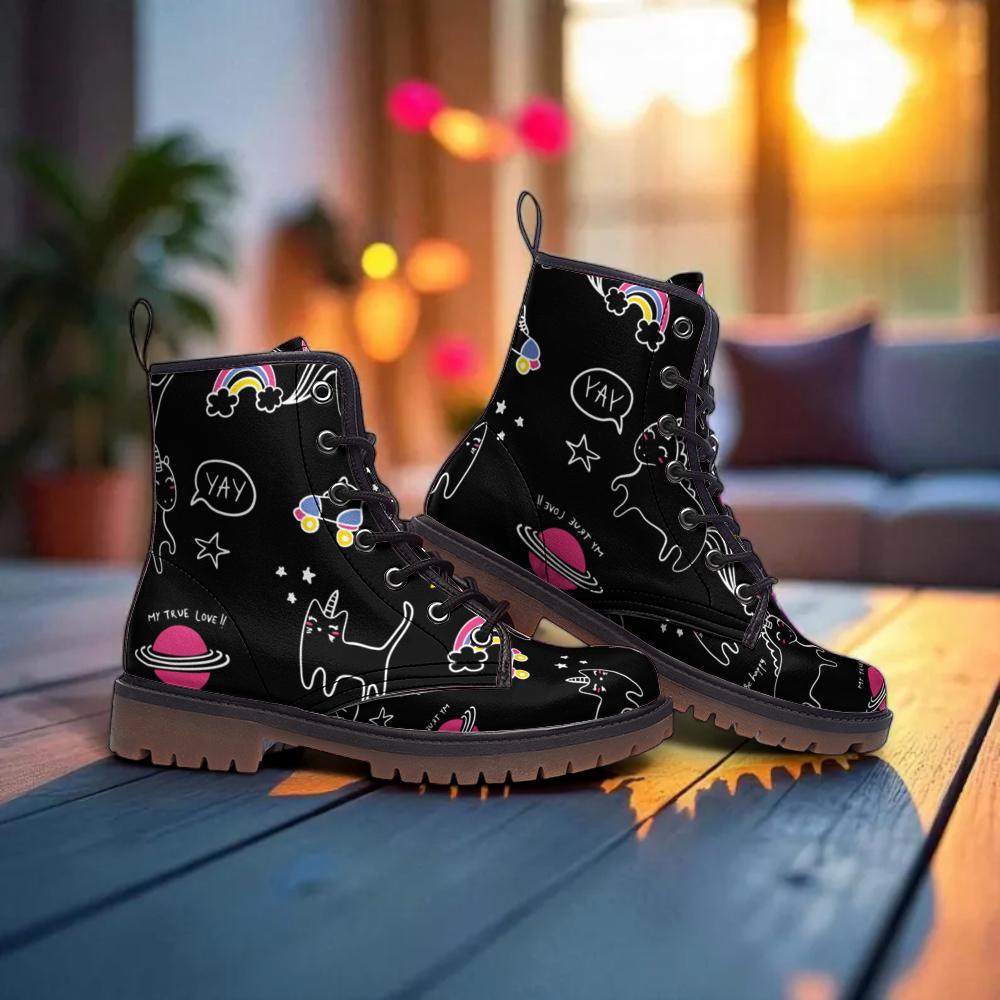 Cute Cat Combat Boots with Space Cartoon Design and Cosmic Art