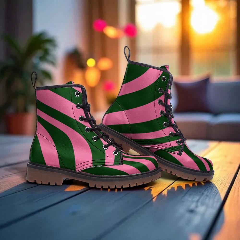 Pink Green Swirl Combat Boots with Retro Funky Design