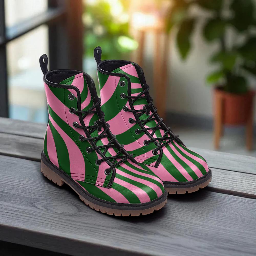 Pink Green Swirl Combat Boots with Retro Funky Design