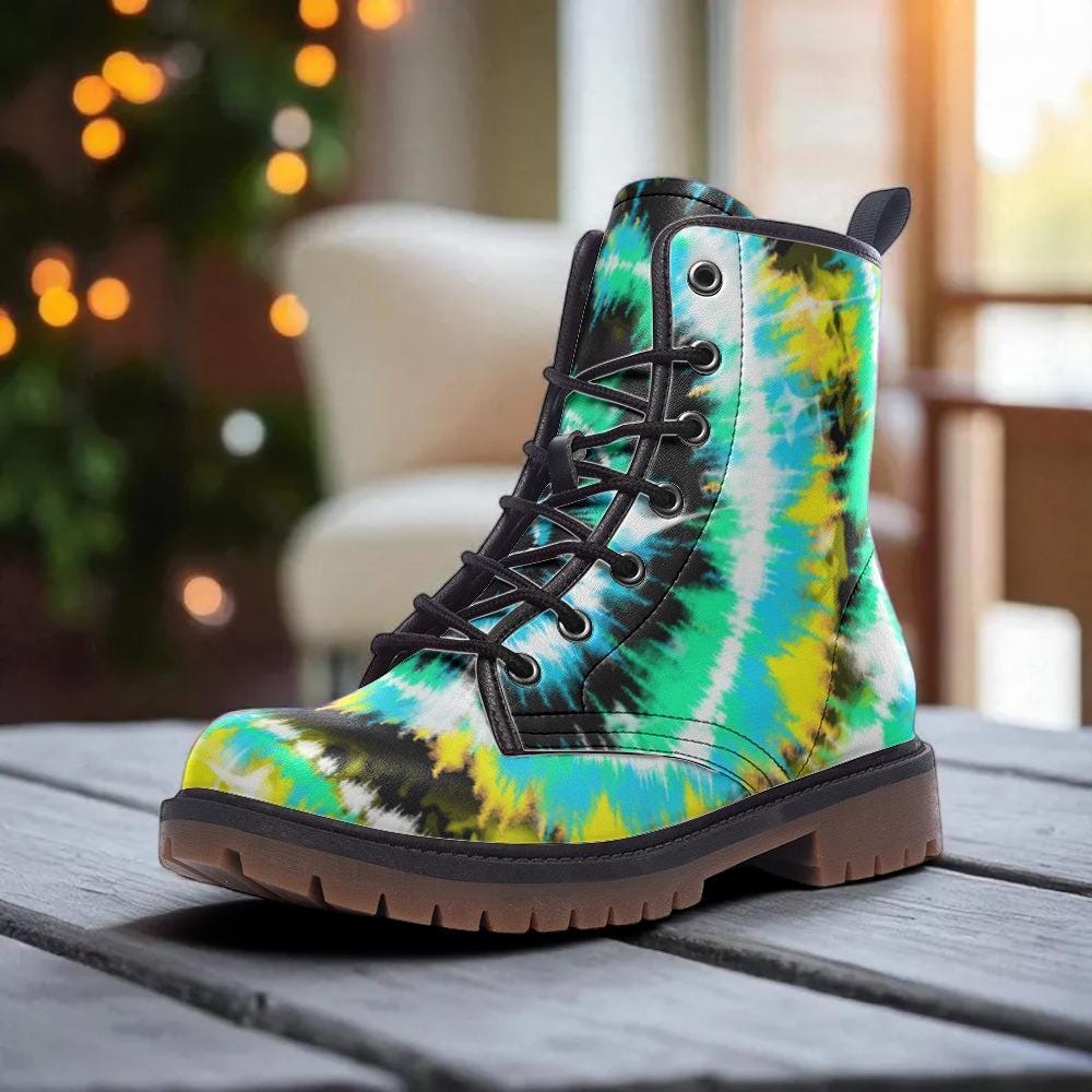 Green Tie Dye Combat Boots with Psychedelic Color Pattern