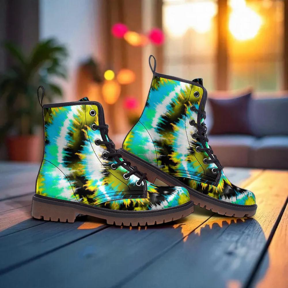 Green Tie Dye Combat Boots with Psychedelic Color Pattern