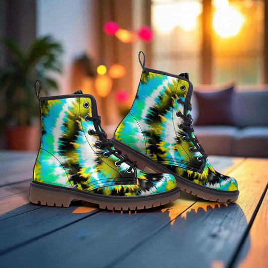Green Tie Dye Combat Boots with Psychedelic Color Pattern