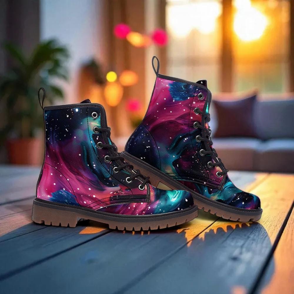 Nebula Combat Boots with Galaxy Design, Space Stars, Rave Footwear, Festival Lace Up Shoes