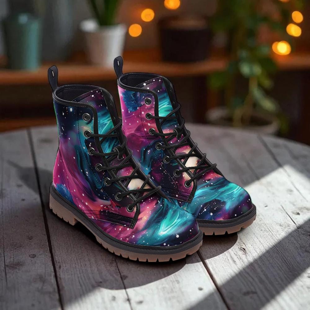 Nebula Combat Boots with Galaxy Design, Space Stars, Rave Footwear, Festival Lace Up Shoes