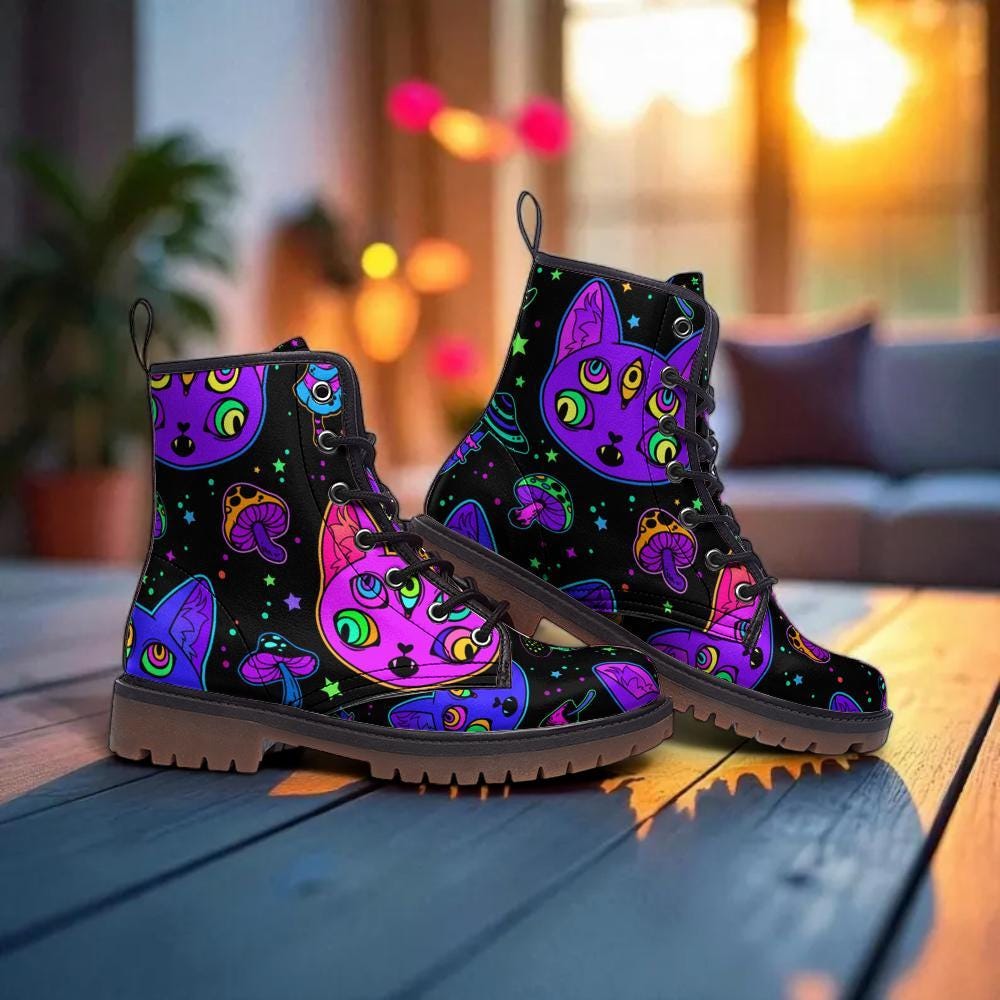 Psychedelic Cat Combat Boots with Mushroom Pattern and Trippy Art