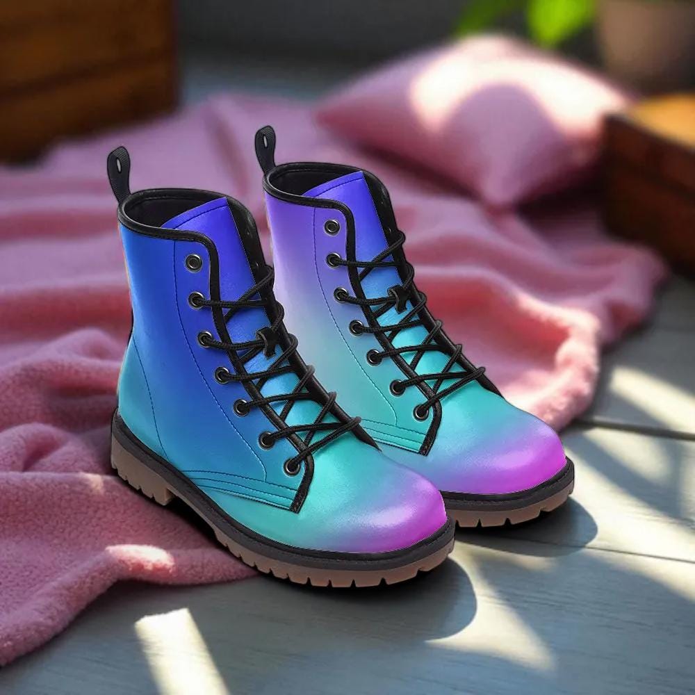 Holographic Combat Boots, Blue Purple Gradient Ankle Boots, Festival, Rave, Cyber Fairy Style