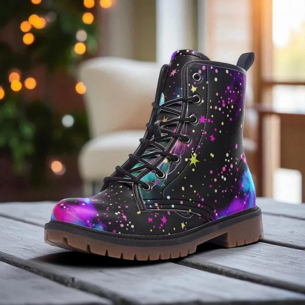 Galaxy Nebula Combat Boots, Cosmic Platform Edgy Shoes, Celestial Space Print Footwear