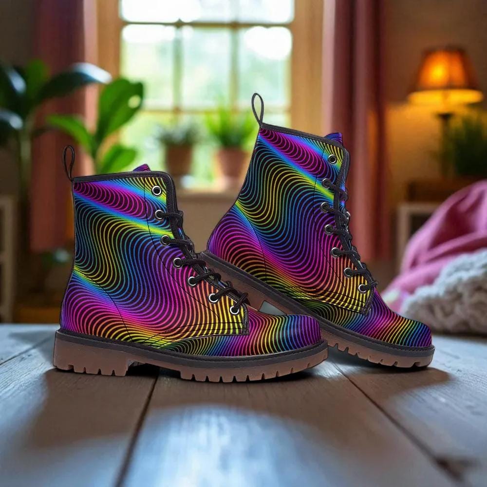 Rainbow Swirl Platform Boots, Psychedelic Festival Rave Style, Trippy Combat Boots, Colorful Rave Footwear