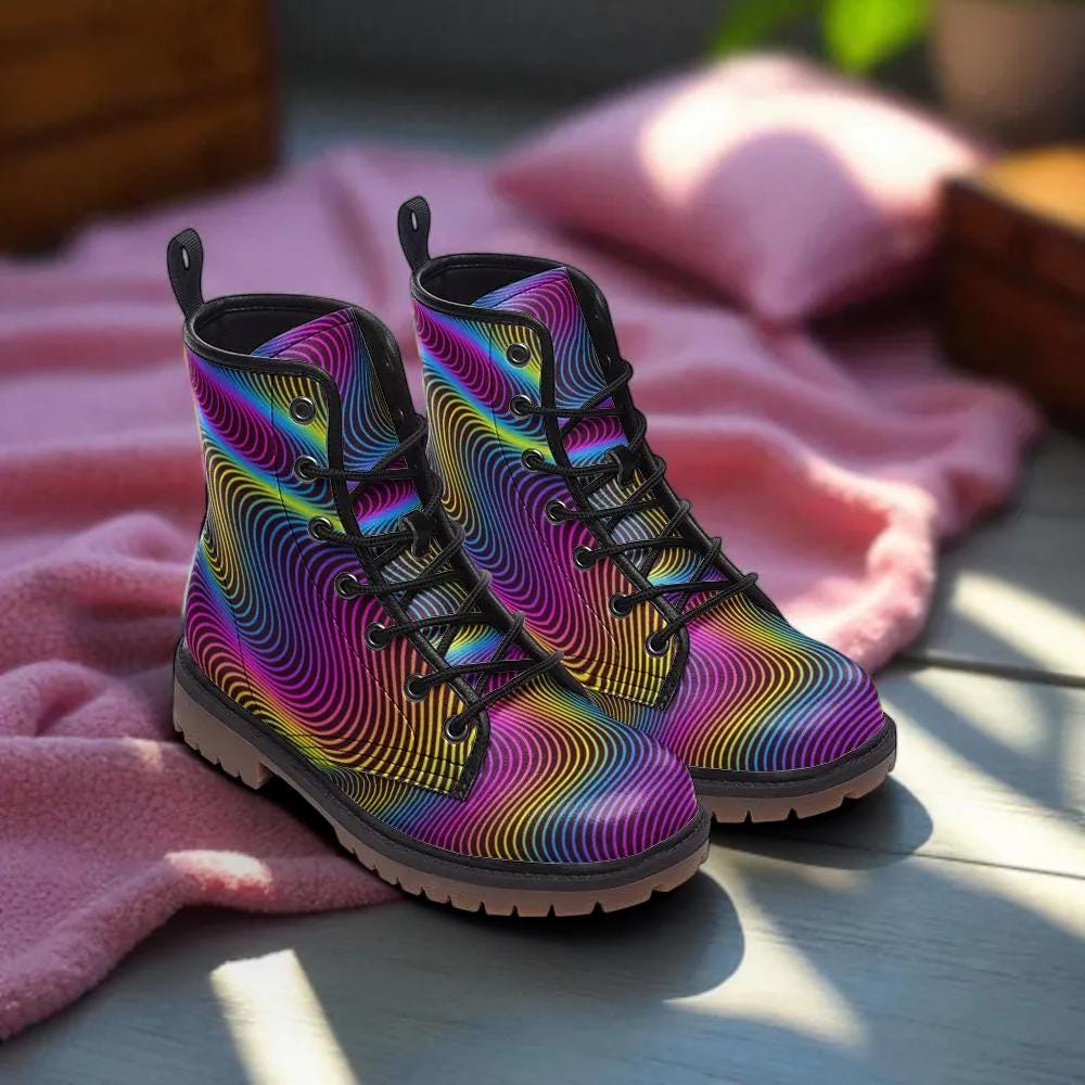 Rainbow Swirl Platform Boots, Psychedelic Festival Rave Style, Trippy Combat Boots, Colorful Rave Footwear