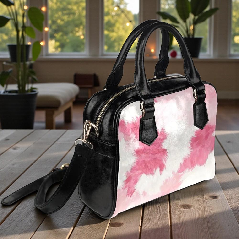 Pink Cow Print Shoulder Bag, Retro Wavy Mini Satchel, Y2K Cute Purse, Colorful Aesthetic Handbag