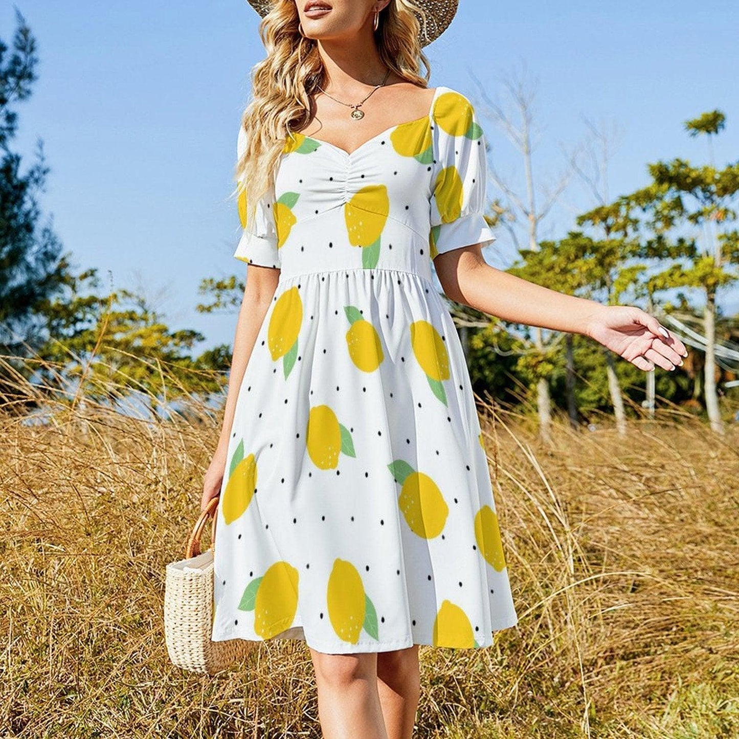 Lemon print midi dress, puff sleeve summer dress, sweetheart neckline, white citrus sundress, vacation outfit
