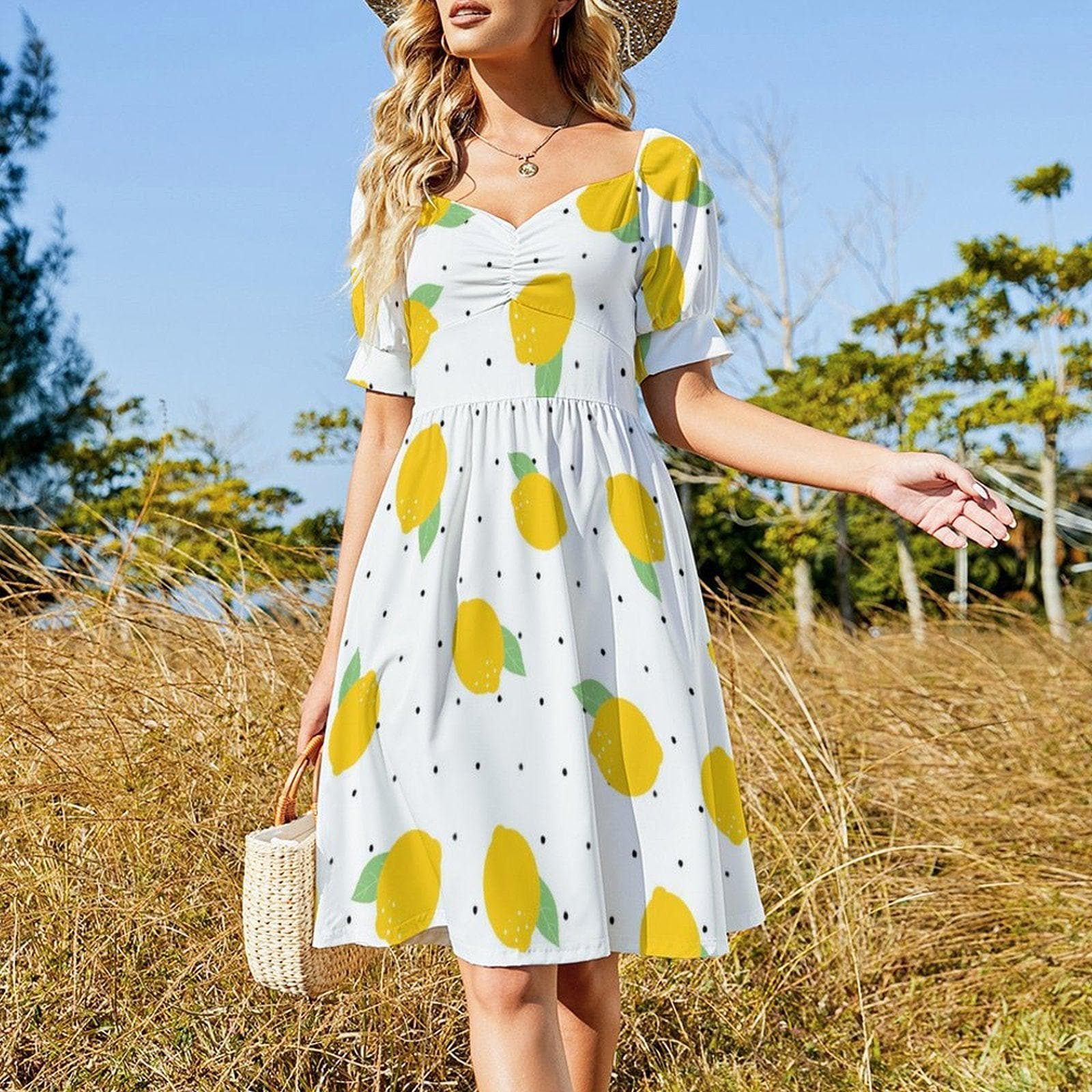 Lemon print midi dress, puff sleeve summer dress, sweetheart neckline, white citrus sundress, vacation outfit