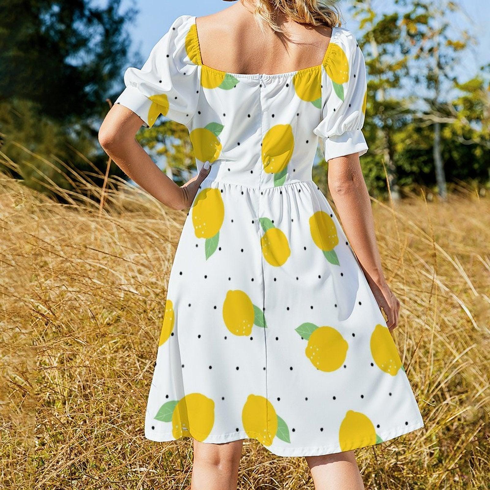 Lemon print midi dress, puff sleeve summer dress, sweetheart neckline, white citrus sundress, vacation outfit