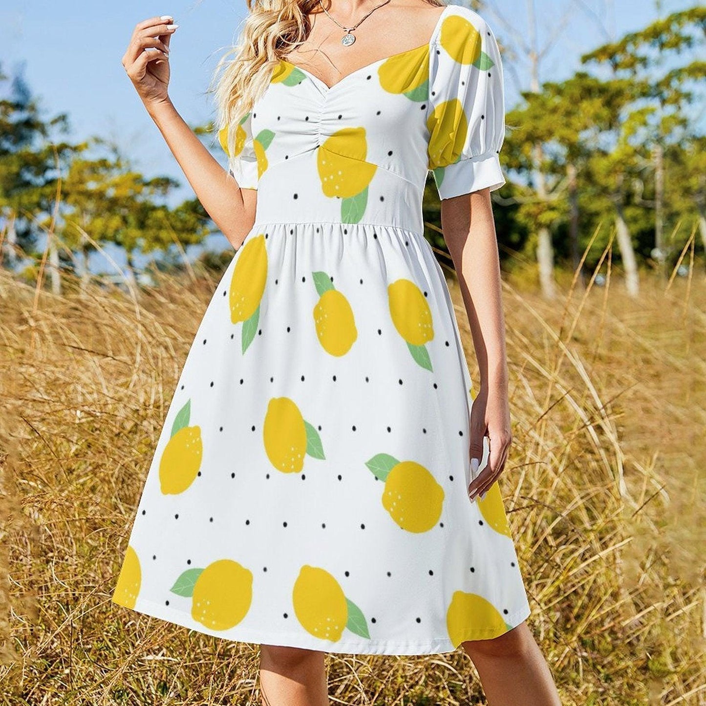 Lemon print midi dress, puff sleeve summer dress, sweetheart neckline, white citrus sundress, vacation outfit