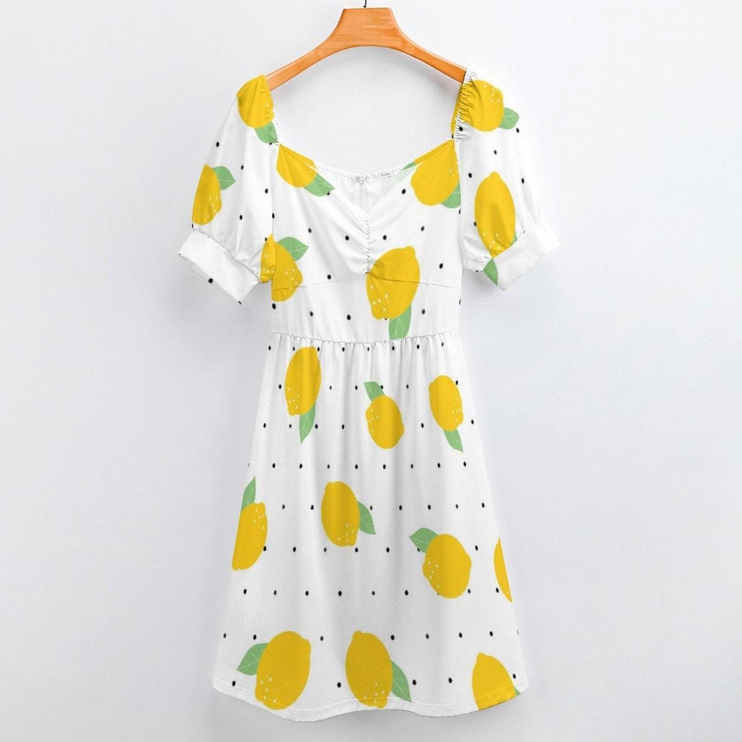 Lemon print midi dress, puff sleeve summer dress, sweetheart neckline, white citrus sundress, vacation outfit