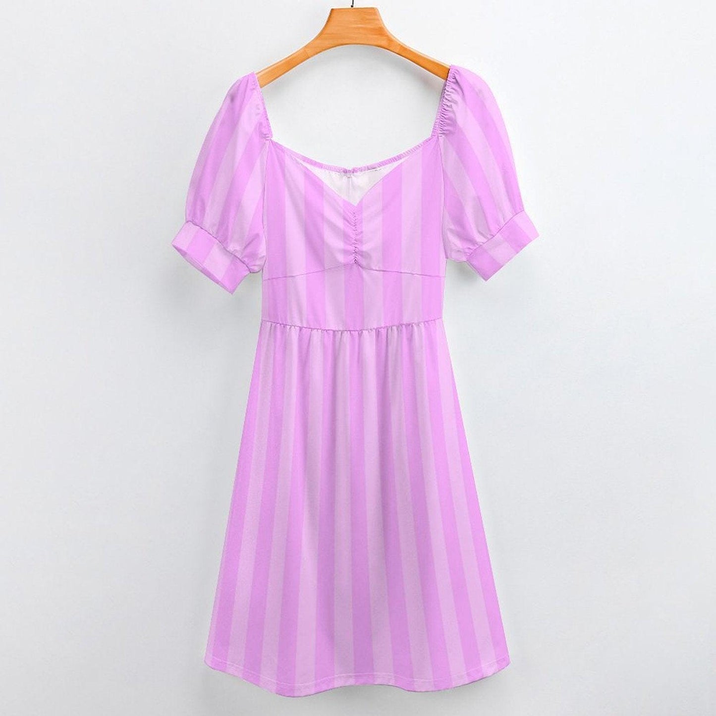 Lilac stripe midi dress, pastel purple sundress, puff sleeve tea dress, romantic sweetheart neckline, spring garden party outfit