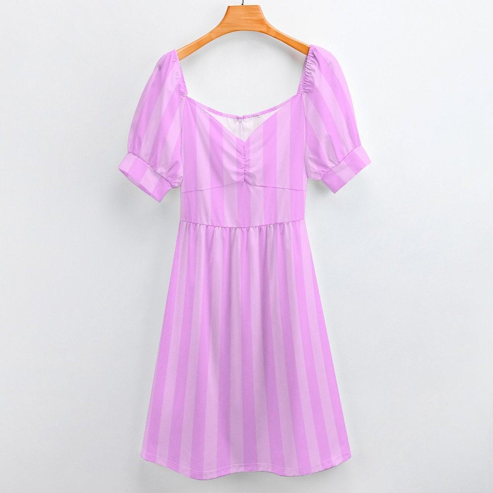Lilac stripe midi dress, pastel purple sundress, puff sleeve tea dress, romantic sweetheart neckline, spring garden party outfit