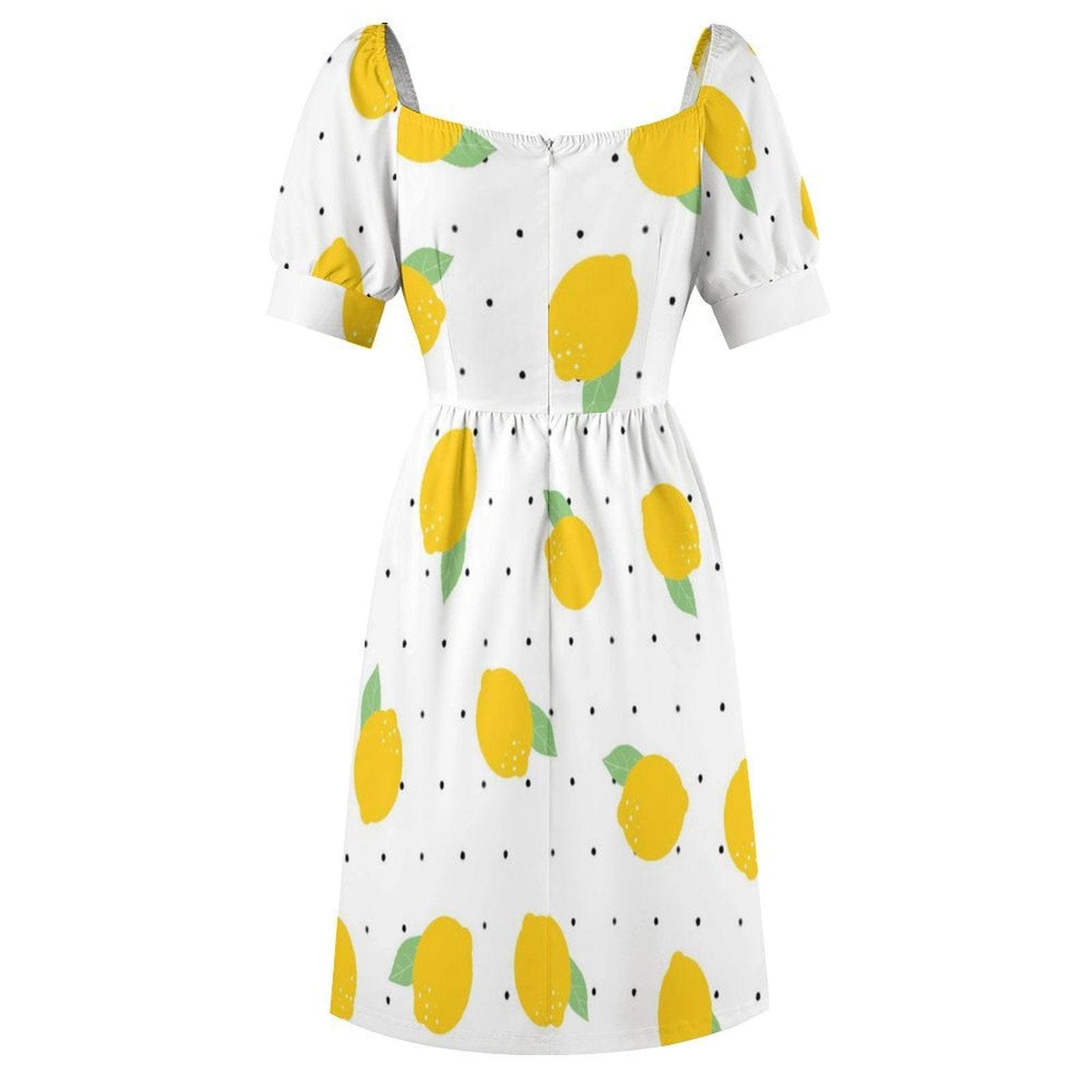 Lemon print midi dress, puff sleeve summer dress, sweetheart neckline, white citrus sundress, vacation outfit