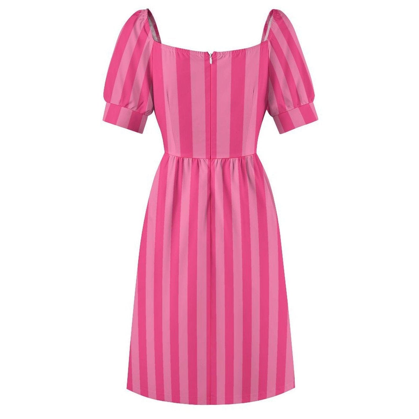 Pink stripe midi dress, puff sleeve sundress, sweetheart neckline, ruched bust, vacation brunch style