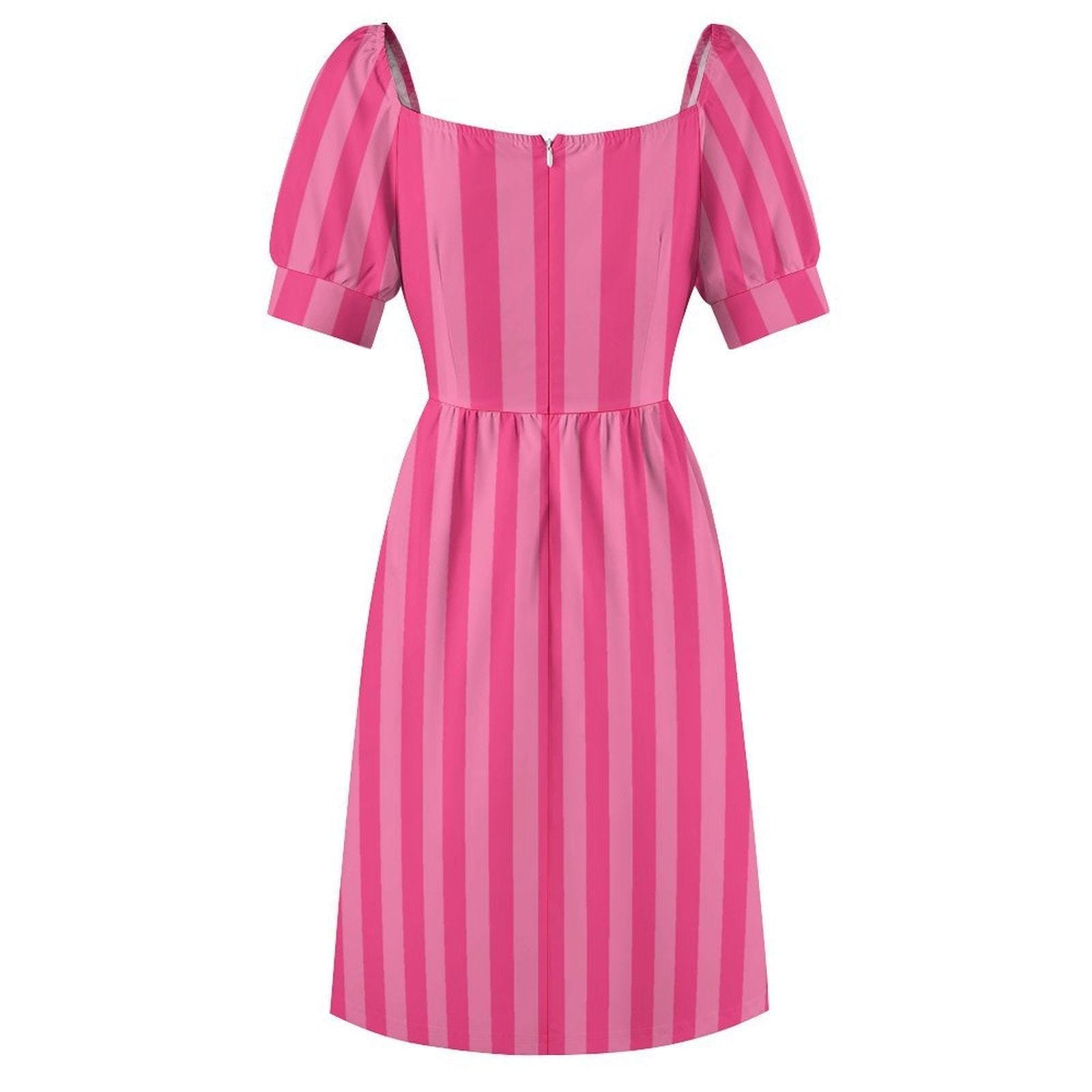 Pink stripe midi dress, puff sleeve sundress, sweetheart neckline, ruched bust, vacation brunch style