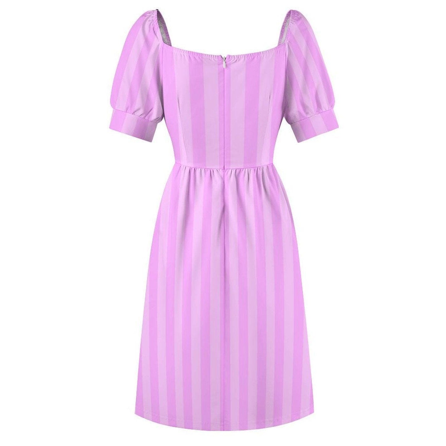 Lilac stripe midi dress, pastel purple sundress, puff sleeve tea dress, romantic sweetheart neckline, spring garden party outfit