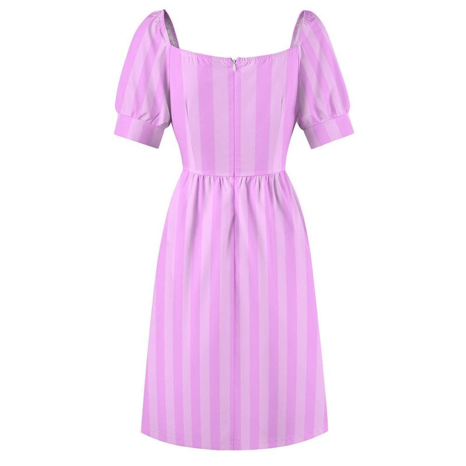 Lilac stripe midi dress, pastel purple sundress, puff sleeve tea dress, romantic sweetheart neckline, spring garden party outfit