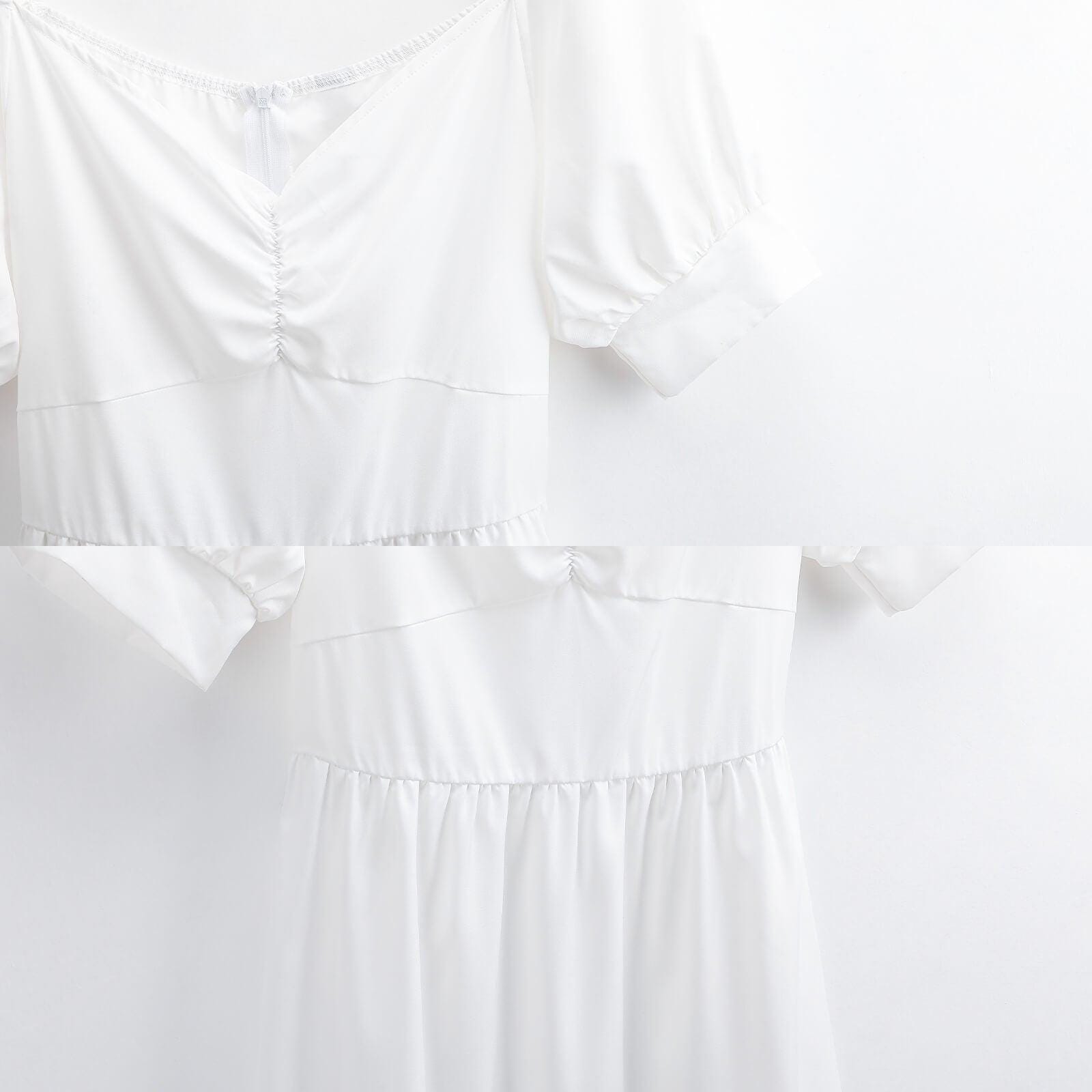 Pink stripe midi dress, puff sleeve sundress, sweetheart neckline, ruched bust, vacation brunch style