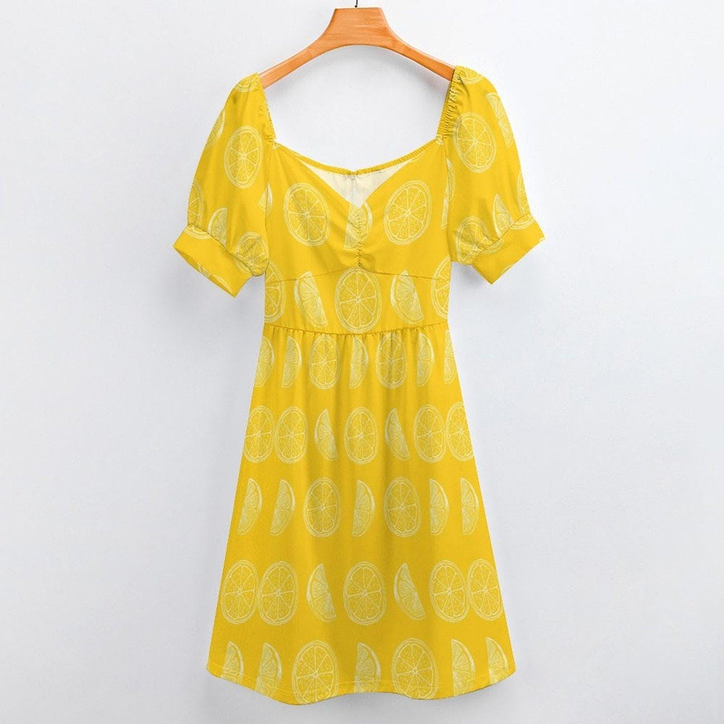 Yellow lemon slice dress, citrus print midi sundress, puff sleeve sweetheart neckline, summer picnic outfit