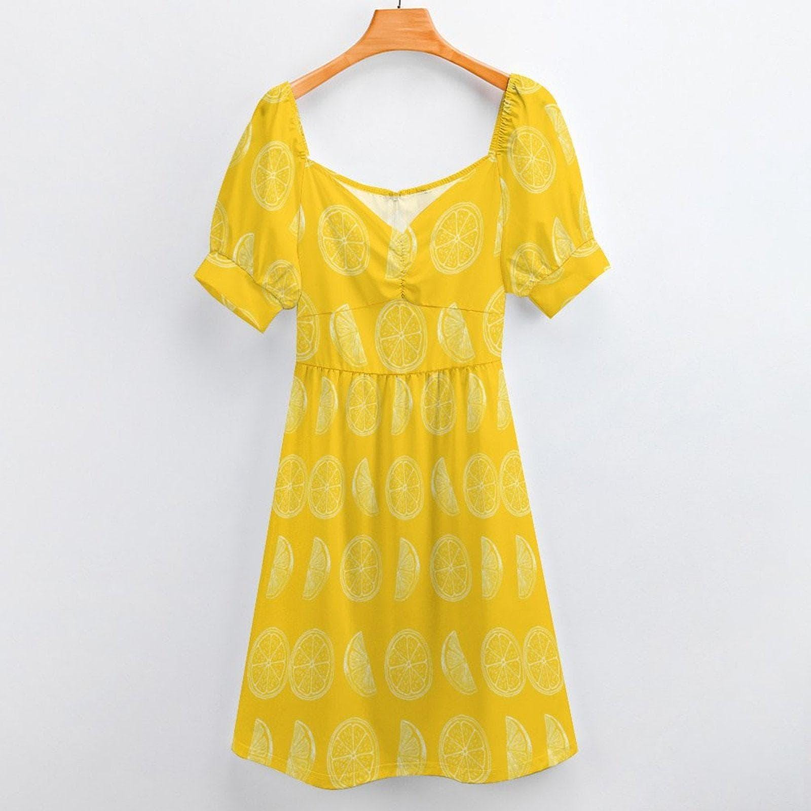 Yellow lemon slice dress, citrus print midi sundress, puff sleeve sweetheart neckline, summer picnic outfit