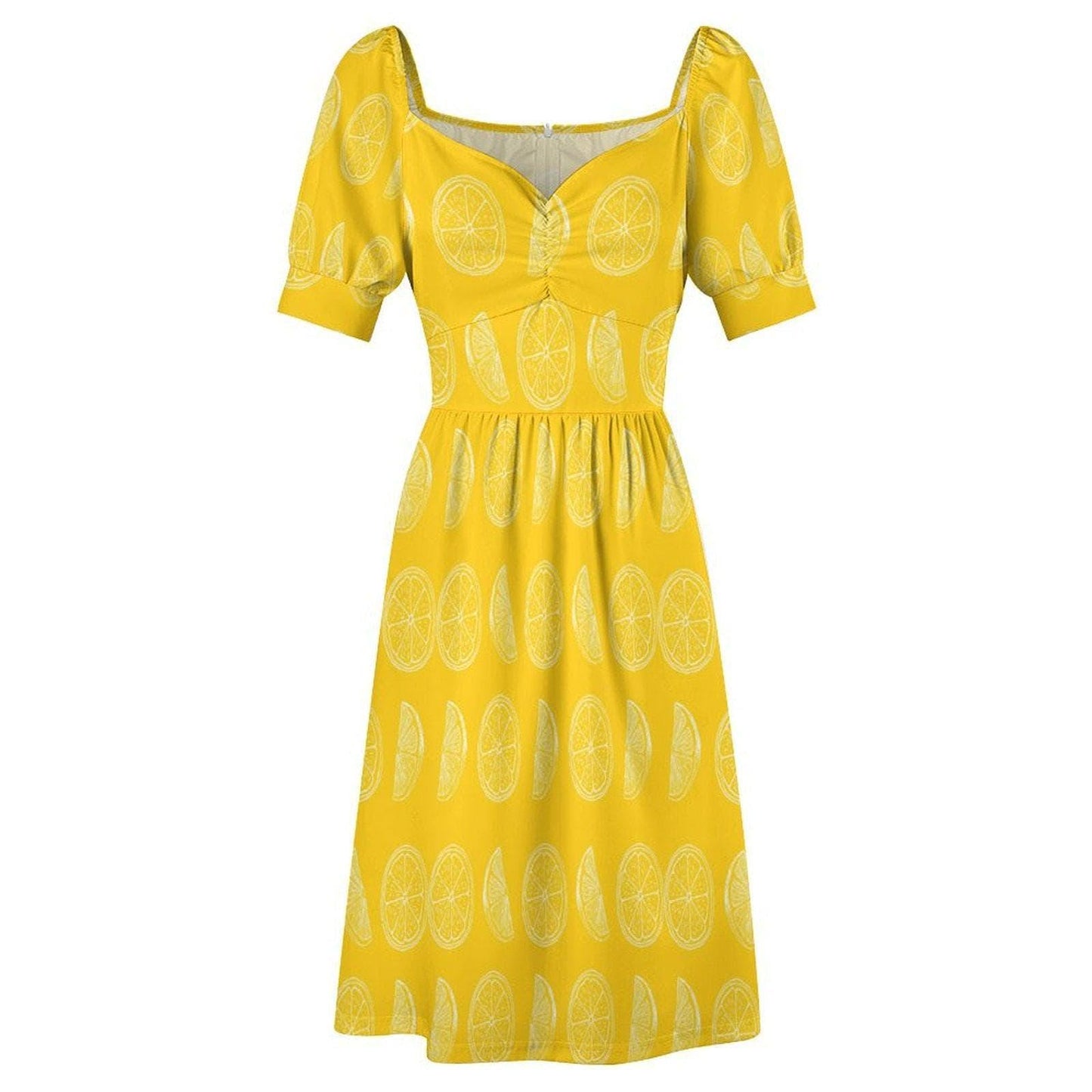 Yellow lemon slice dress, citrus print midi sundress, puff sleeve sweetheart neckline, summer picnic outfit