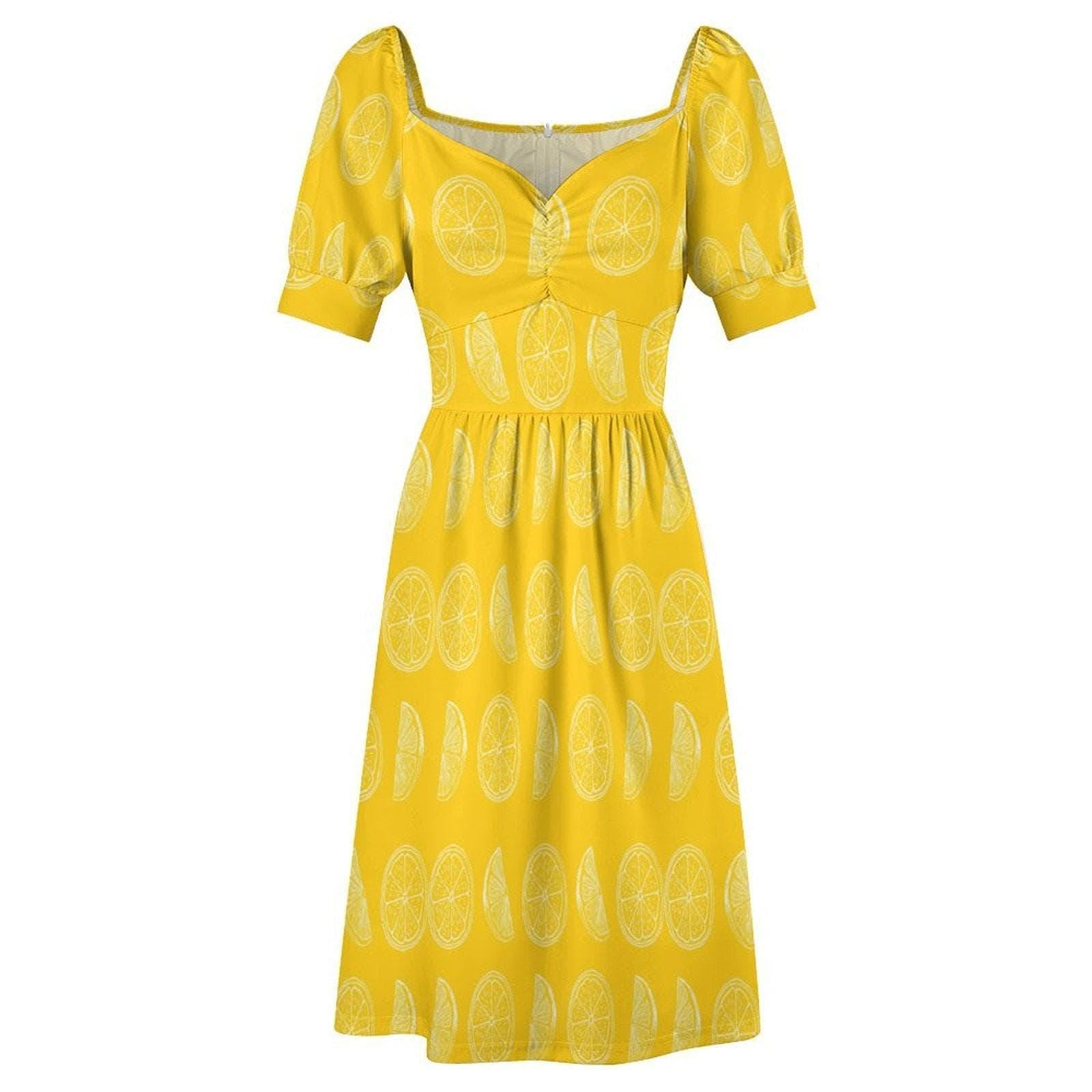 Yellow lemon slice dress, citrus print midi sundress, puff sleeve sweetheart neckline, summer picnic outfit