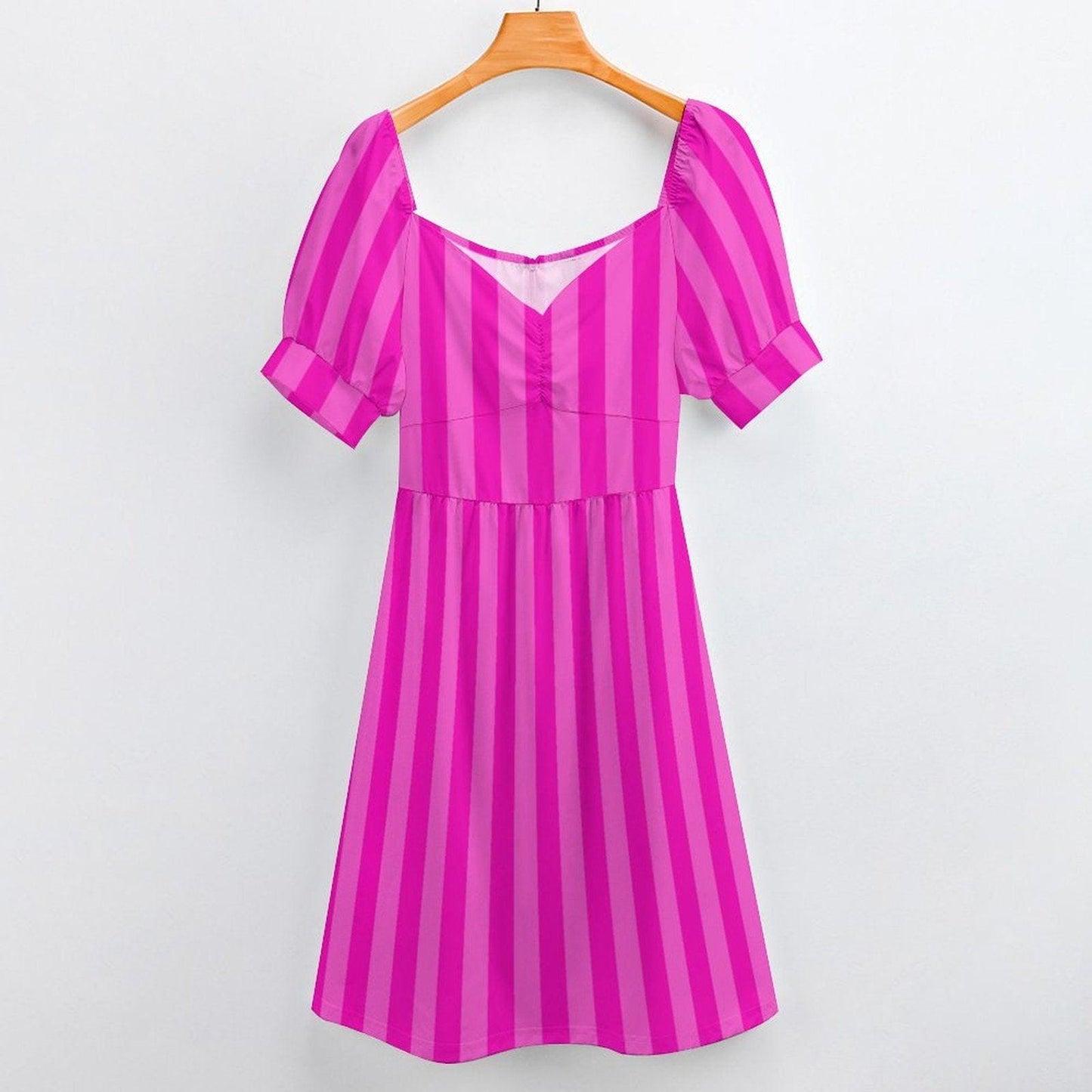 Fuchsia stripe midi dress, puff sleeve sundress, sweetheart neckline, summer brunch party outfit