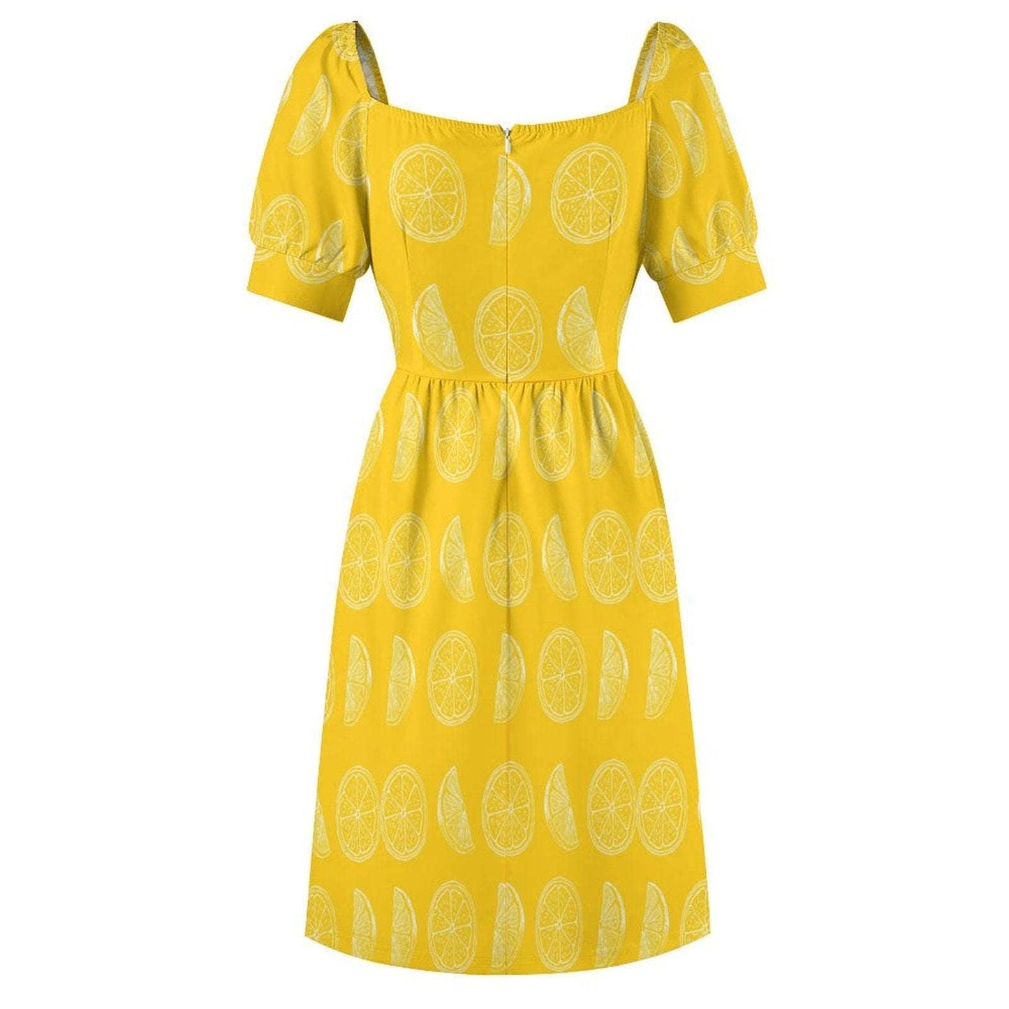 Yellow lemon slice dress, citrus print midi sundress, puff sleeve sweetheart neckline, summer picnic outfit