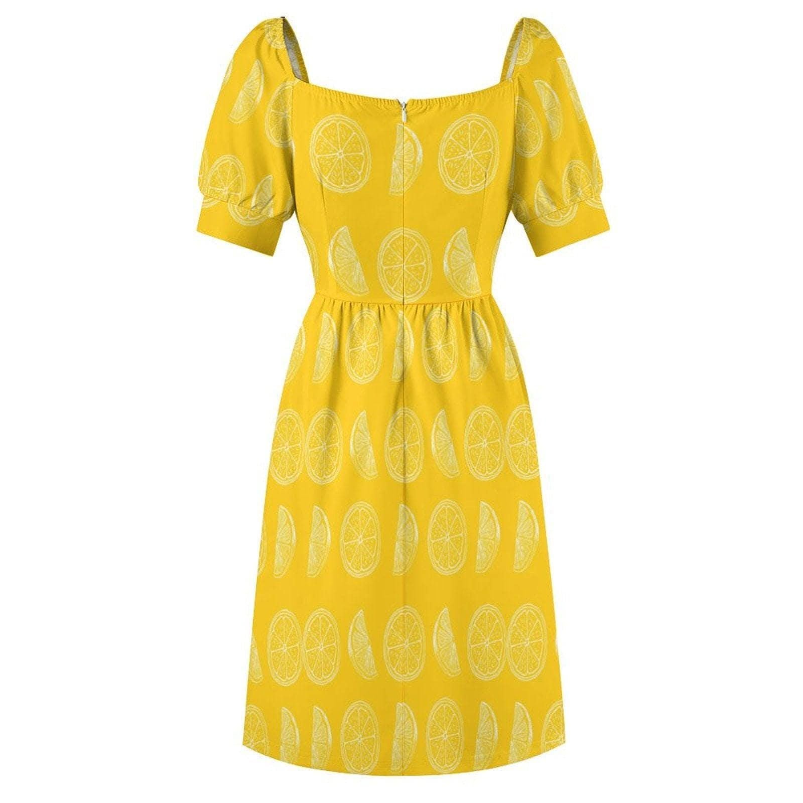 Yellow lemon slice dress, citrus print midi sundress, puff sleeve sweetheart neckline, summer picnic outfit