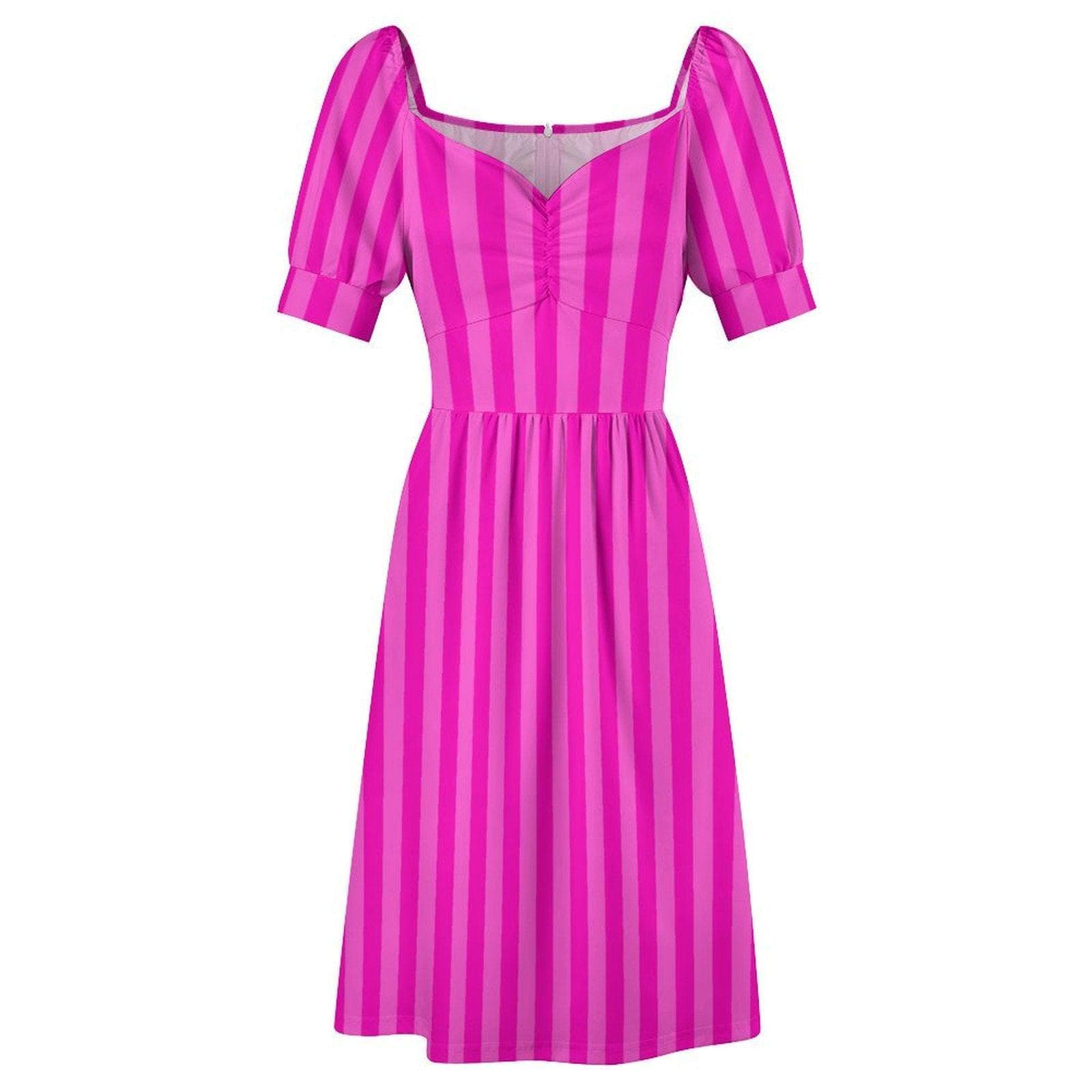 Fuchsia stripe midi dress, puff sleeve sundress, sweetheart neckline, summer brunch party outfit
