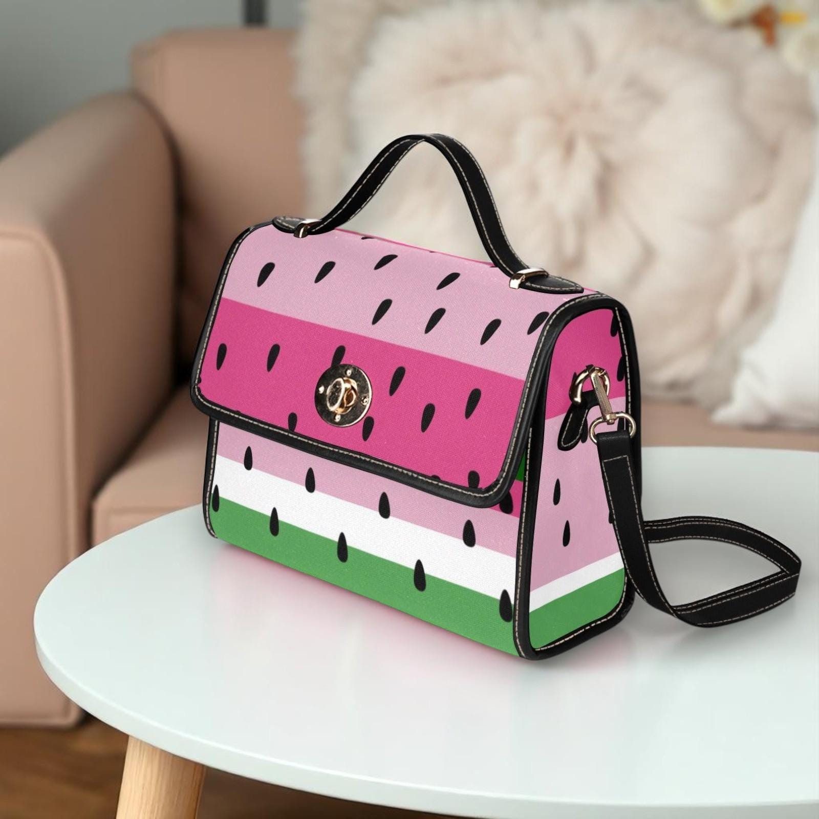 Watermelon stripe satchel purse, pink fruit print handbag, summer picnic crossbody bag, cute top handle bag