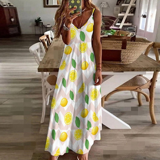 Lemon Print Maxi Dress, Cottagecore Sundress, Summer Vacation Outfit, Chevon Fruit Pattern, Soft Girl Style