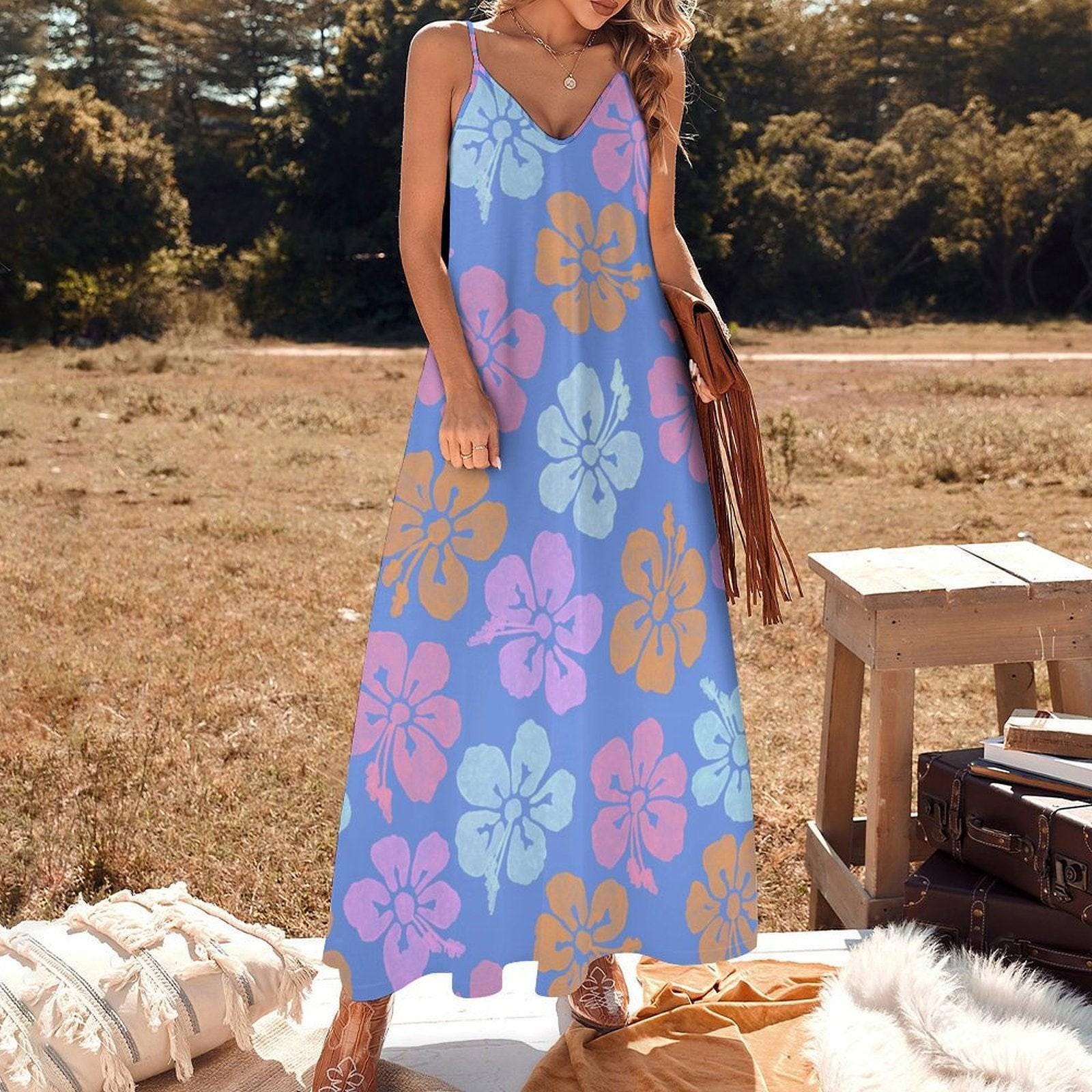 Pastel Hibiscus Maxi Dress, Blue Tropical Floral Sundress, Boho Vacation Beach Dress
