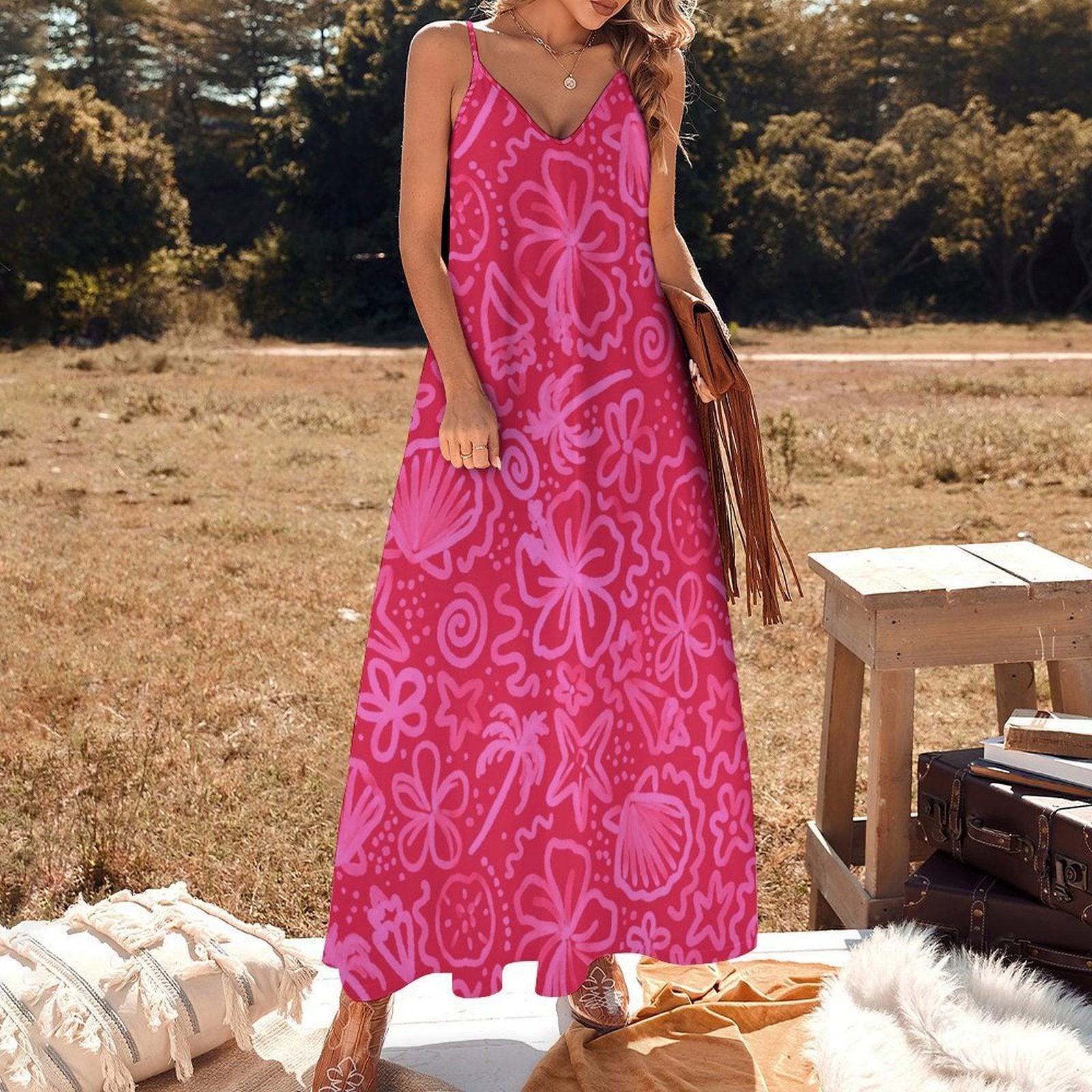 Hot Pink Tropical Maxi Dress, Y2K Floral Slip Dress, Boho Festival Beach Outfit, Summer Vacation Dress
