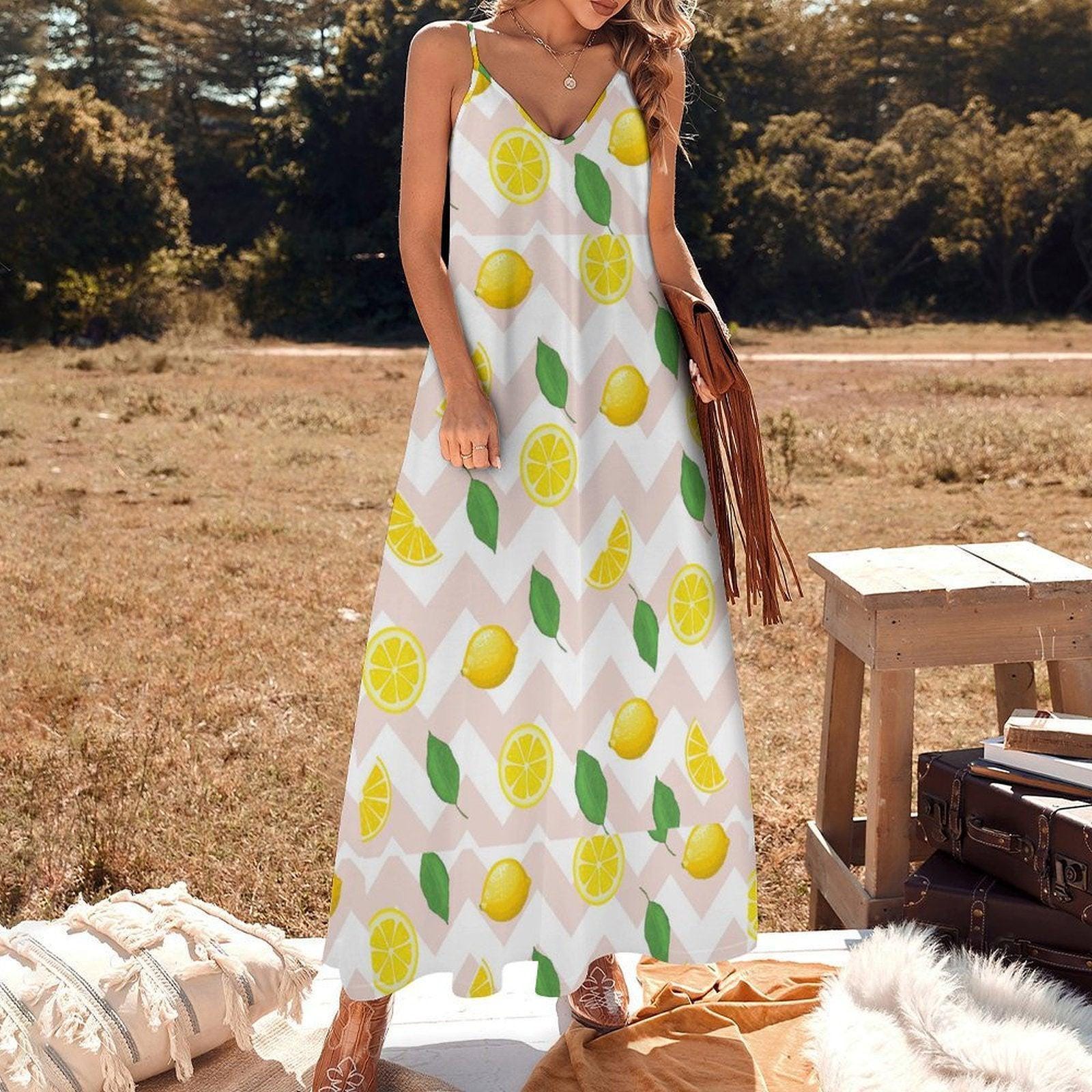Lemon Print Maxi Dress, Cottagecore Sundress, Summer Vacation Outfit, Chevon Fruit Pattern, Soft Girl Style