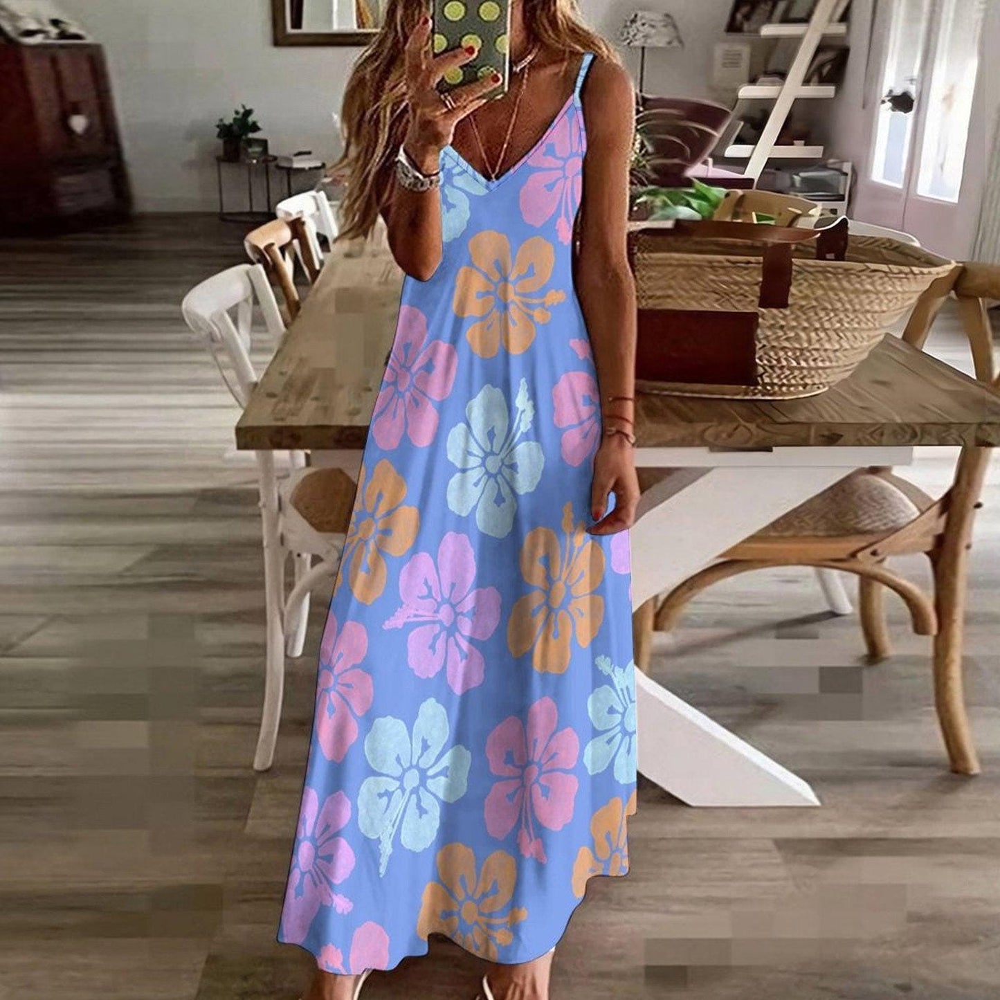 Pastel Hibiscus Maxi Dress, Blue Tropical Floral Sundress, Boho Vacation Beach Dress