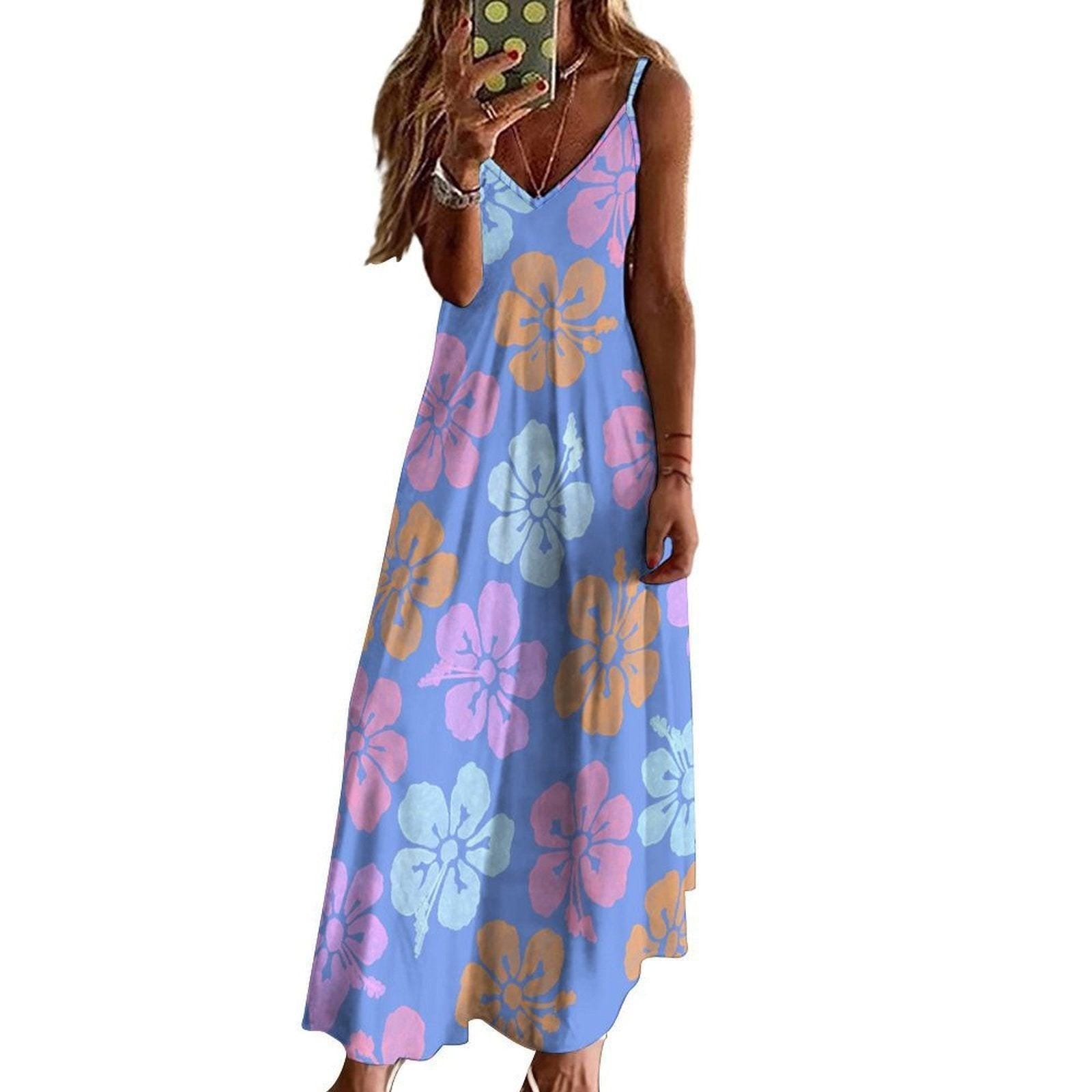 Pastel Hibiscus Maxi Dress, Blue Tropical Floral Sundress, Boho Vacation Beach Dress