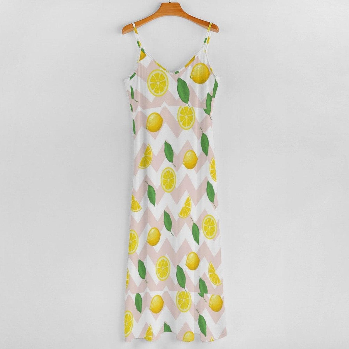 Lemon Print Maxi Dress, Cottagecore Sundress, Summer Vacation Outfit, Chevon Fruit Pattern, Soft Girl Style