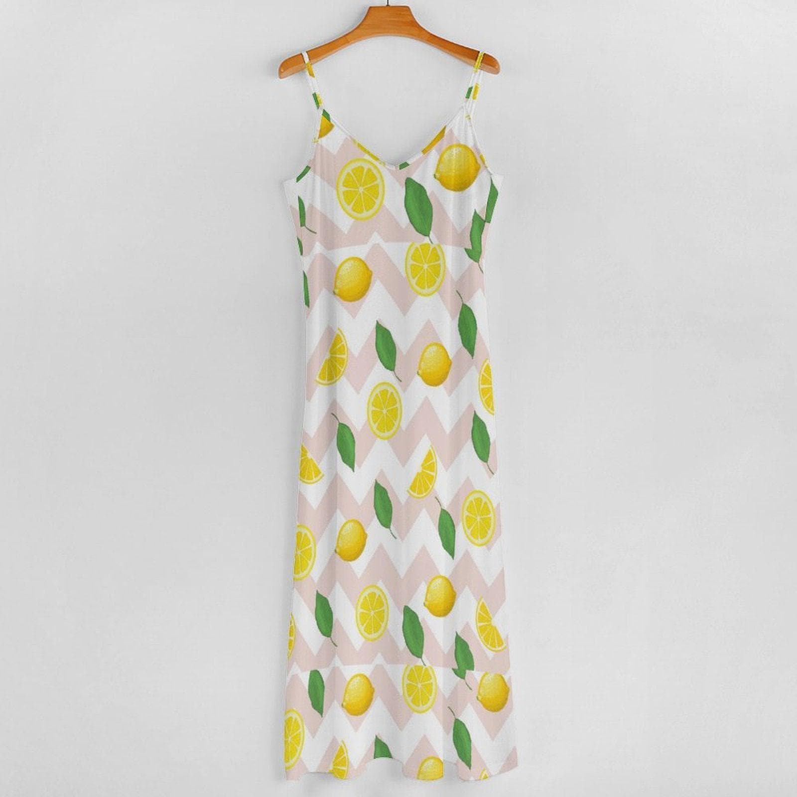 Lemon Print Maxi Dress, Cottagecore Sundress, Summer Vacation Outfit, Chevon Fruit Pattern, Soft Girl Style