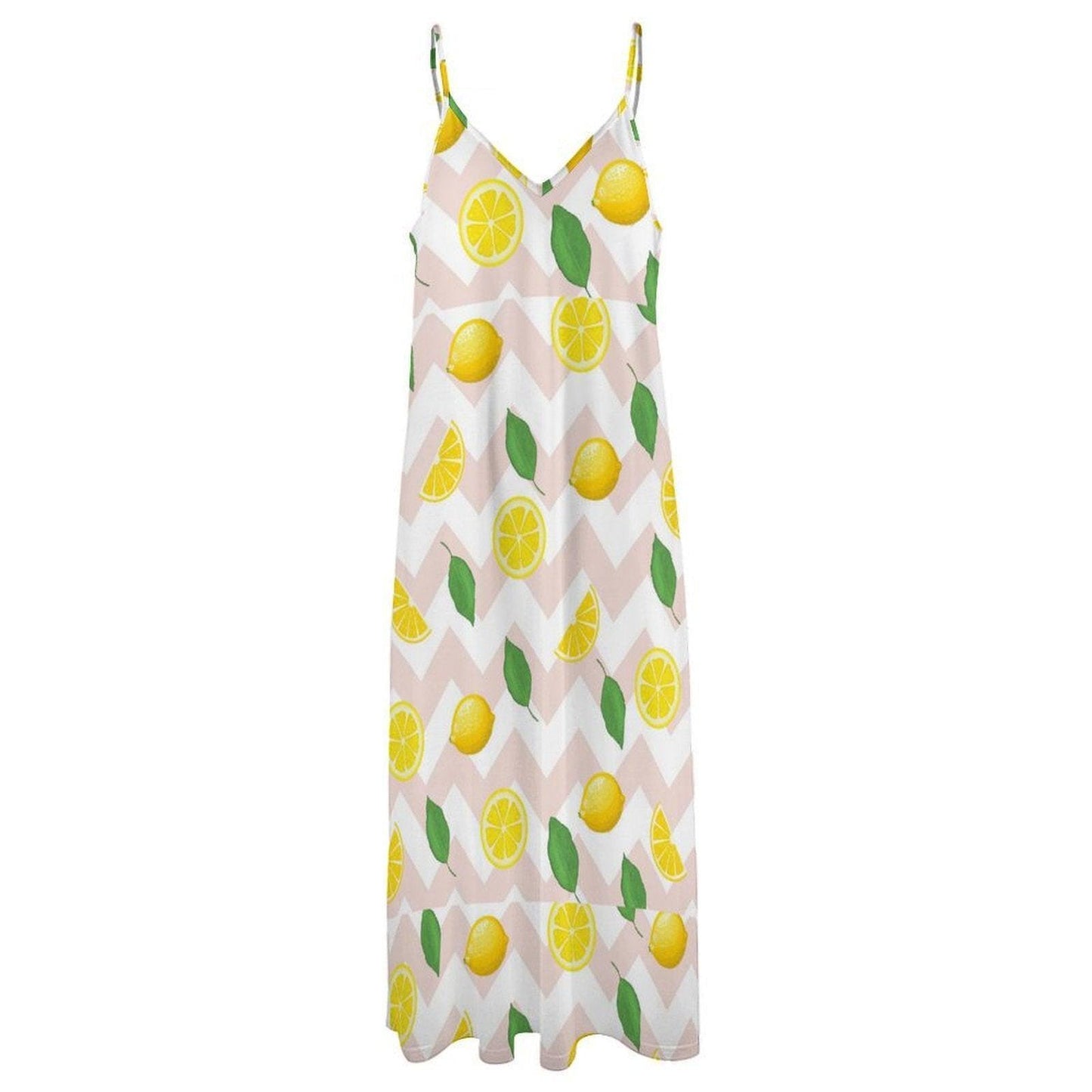 Lemon Print Maxi Dress, Cottagecore Sundress, Summer Vacation Outfit, Chevon Fruit Pattern, Soft Girl Style