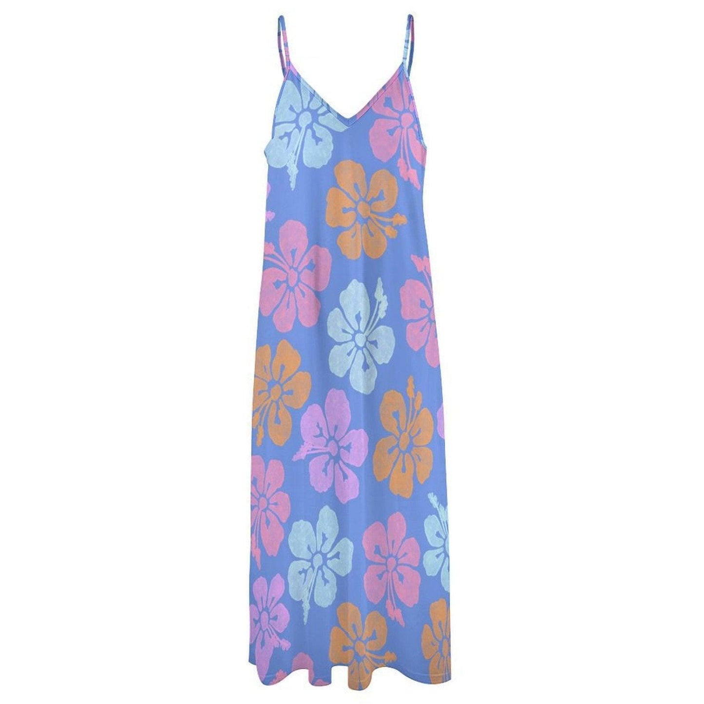 Pastel Hibiscus Maxi Dress, Blue Tropical Floral Sundress, Boho Vacation Beach Dress